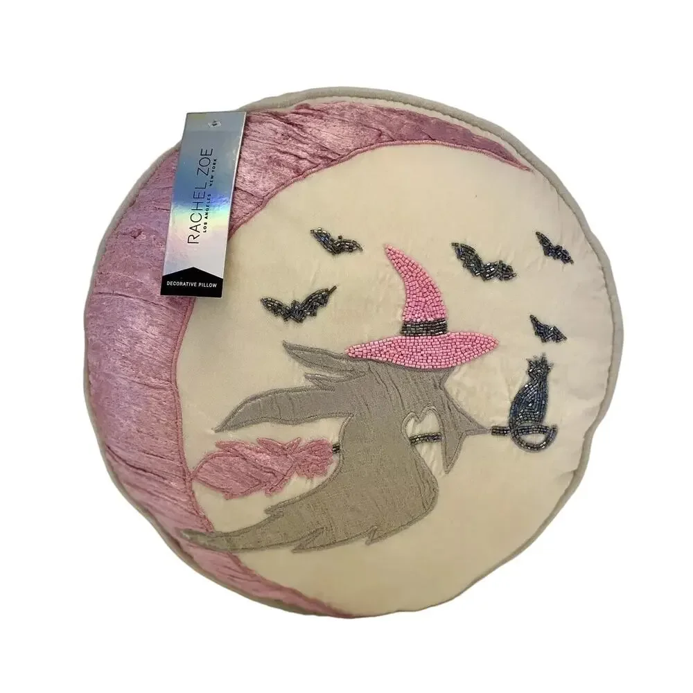 RACHEL ZOE Halloween Flying Witch Pink Moon Round Toss Beaded Pillow 16x6 New